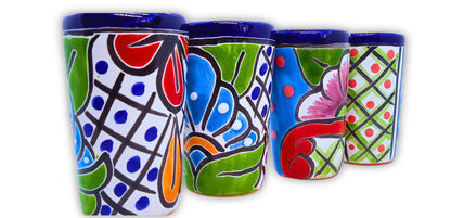 MEXTEQUIL - Talavera Shot Glasses Set of 4 Authentic Mexican Tequila Shot Glasses - Hand-painted - 2 Oz (Blue with Green)