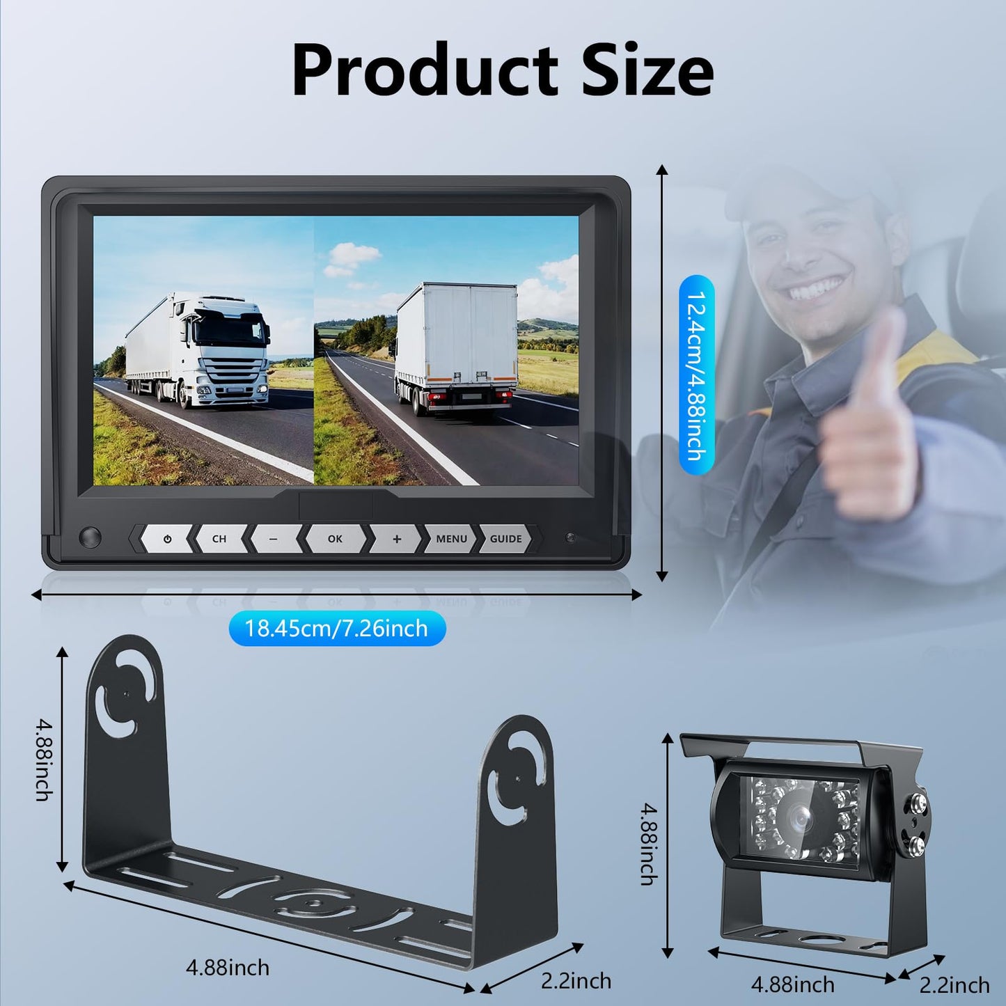 Tulakeey 7'' Wired Backup Camera System with DVR Recording, 1080P HD Monitor & IP69 Waterproof RV Rear View Camera, Loop Recording, Split Screen, 12V-24V