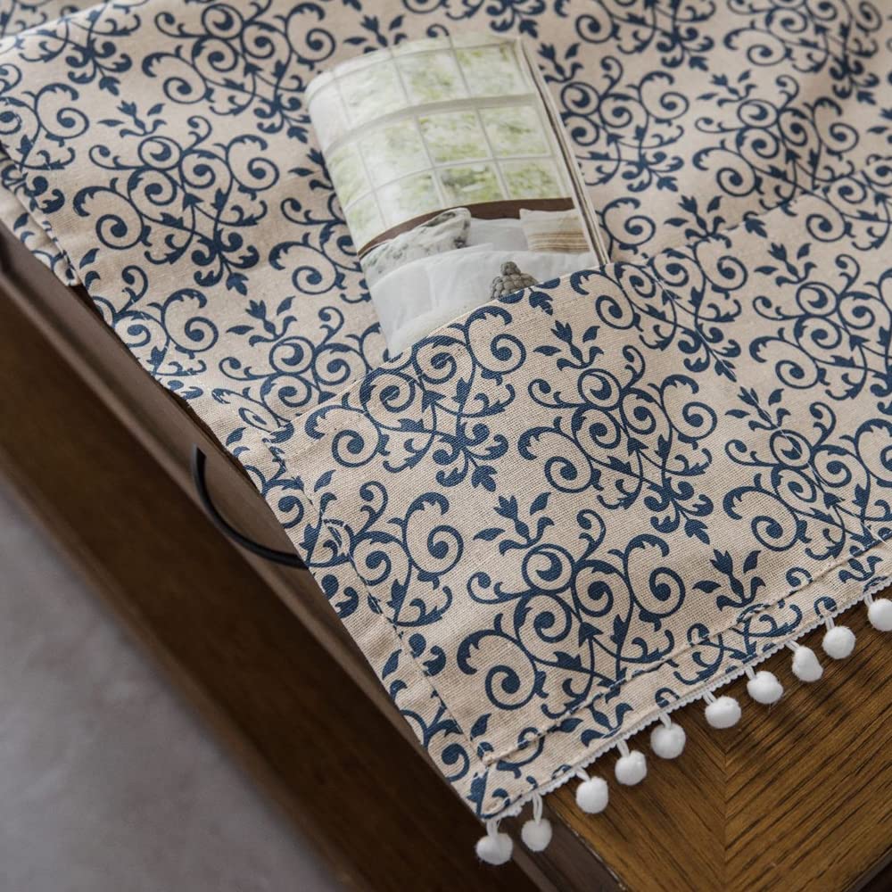 COMFEELING Coffee Table Cloth Rustic Style Living Room Center End Table Cover with Pocket, Cotton Linen Tablecloth (Blue Flower,23.6×63 Inch)