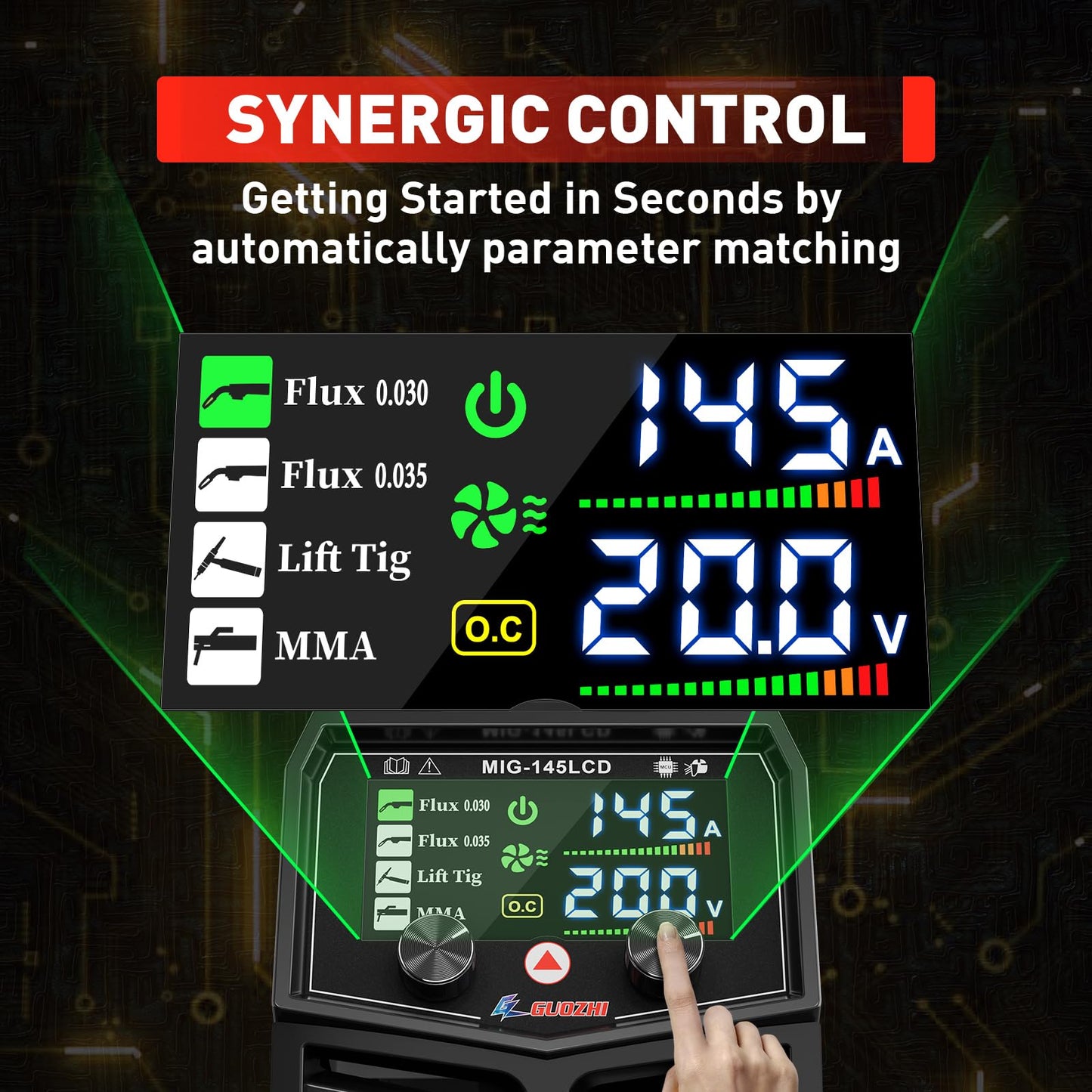 GZ GUOZHI 145A MIG Welder, 3 in 1 Welders FLUX MIG/Lift TIG/ARC Multi-Process IGBT Inverter Welder, 110V Welding Machine, ‌Flux Core Welder with upgrade Large LCD Screen
