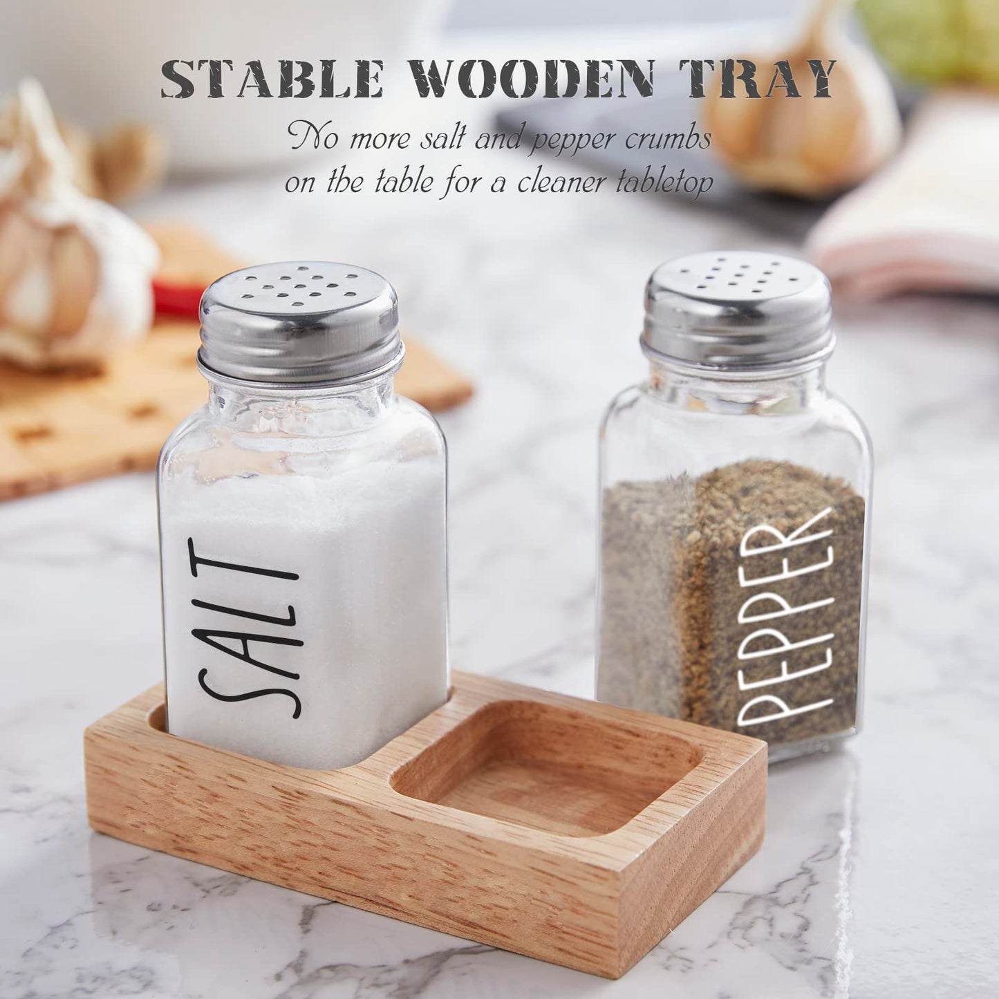 Glass Salt and Pepper Shakers with Holder - Dopeca Clear Salt and Pepper Set with Wood Caddy for Kitchen Counter or Table - Kitchen Decor and Accessories for Wedding Gifts - Easy Refilling-2.7 oz