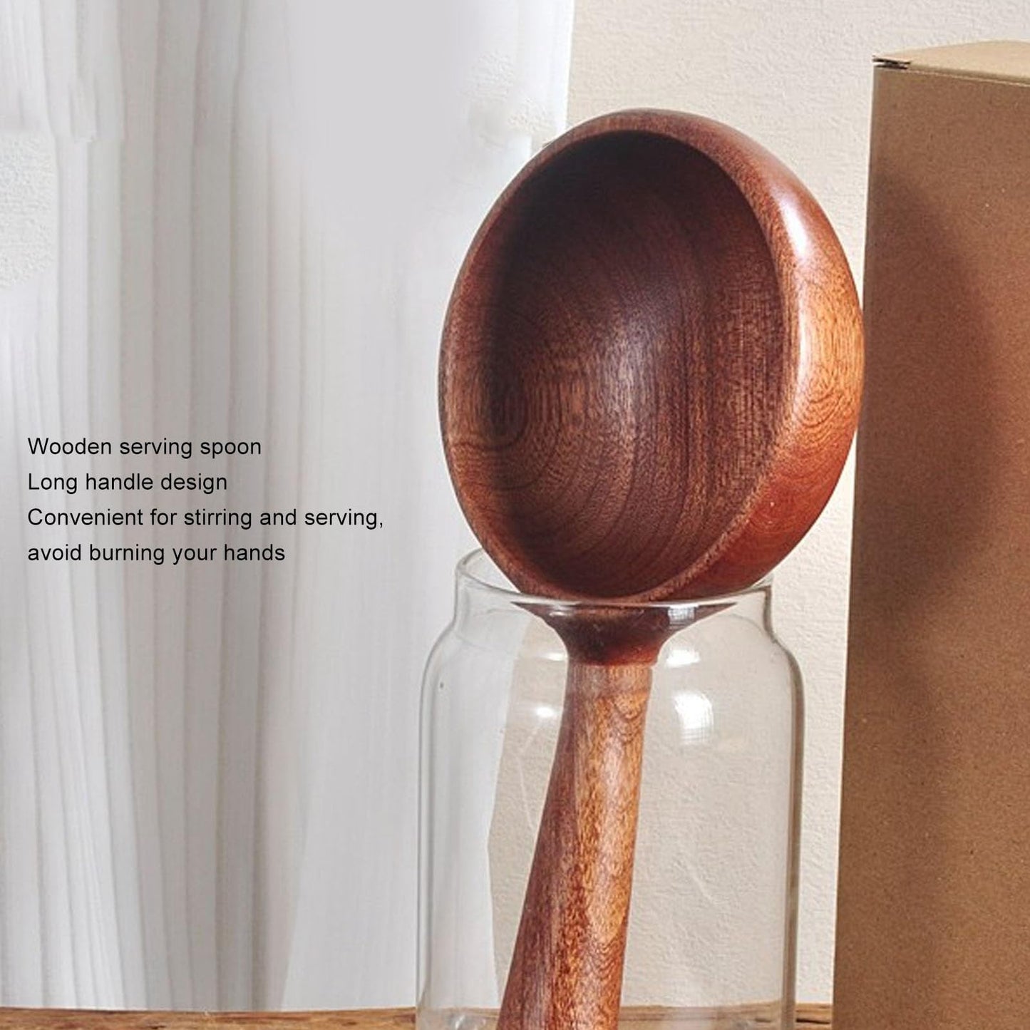 Wooden Scoop for Kitchen, 4.3 Inch Large Wooden Serving Spoon for Flour Sugar Coffee Beans, Long Handle Deep Jar Scoop for Canisters Bath Salt Pet Food, Multipurpose Solid Wood Rice Soup Ladle