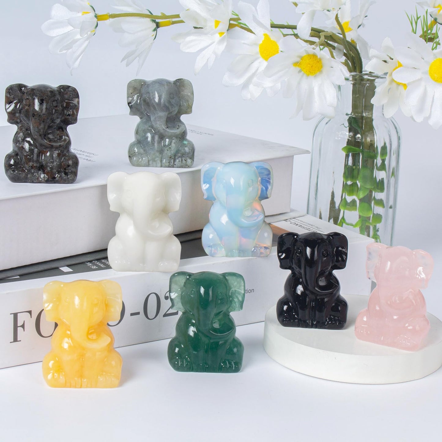 Ytbeoxk 2 Inch Crystal Elephant Decor Statues, Fluorite Cute Sitting Elephant Figurines, Reiki Healing Crystal Carved Animal Statues, Home Office Desk Hand Carved Decor Gifts for Women
