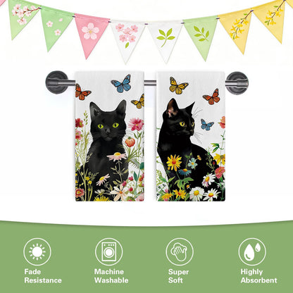 Croar Spring Summer Black Cat Floral Kitchen Dish Towels Set of 2, Daisy Flower Butterfly Drying Hand Towel Baking Cooking Cloth, Wildflower Bathroom Home Decoration Pet Cat Owner Lover Gift 18''x26''