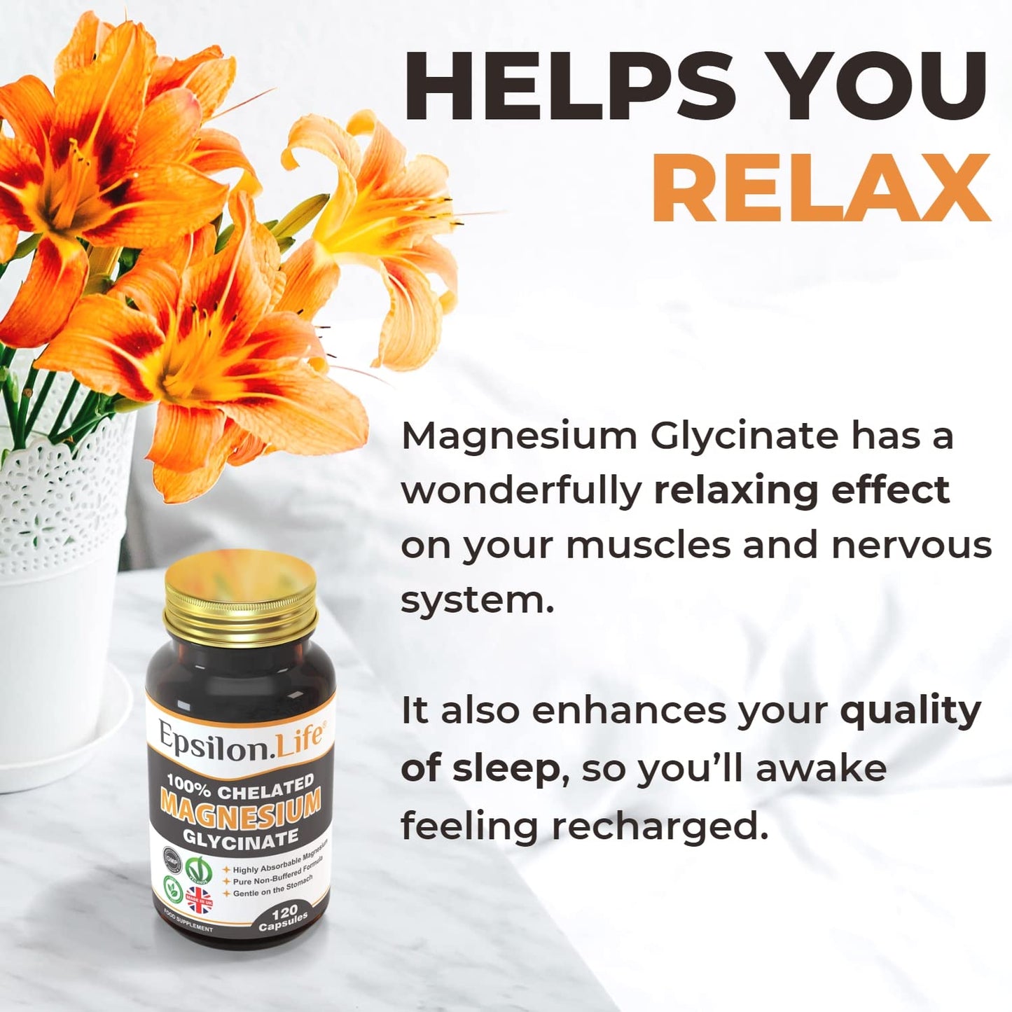 Epsilon Magnesium Glycinate Supplements - Chelated Mg Bisglycinate Supplement - 120 Easy to Take Vegan Capsules - 500mg Unbuffered Magnesium-Glycinate per Capsule - UK-Made