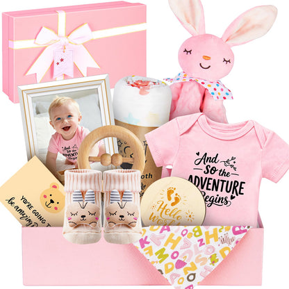Baby Gift Basket for Newborn Girls & Boys, Baby Shower Gift Set for Girl, Newborn Baby Girl Essentials, Welcome Home, Gender Reveal Gifts for New Parents, Pink Gift Box