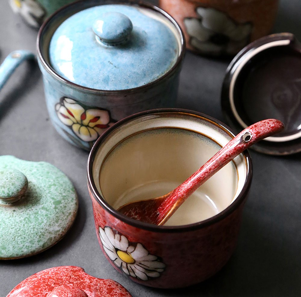 Ceramic Flower Sugar Salt Pepper Storage Jar Seasoning Pot with Spoon