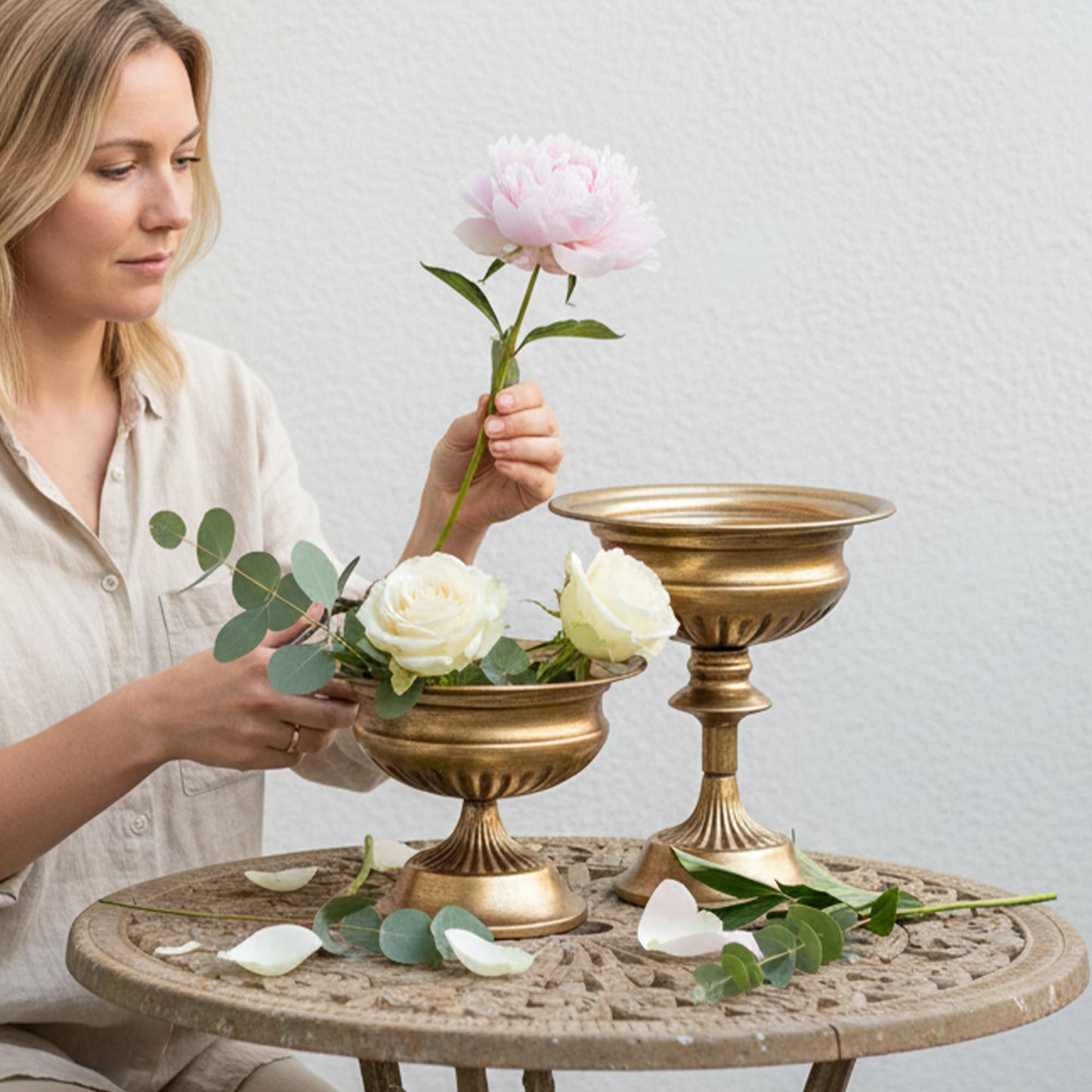 WORTH Gold Urn Vases for Centerpieces Set of 2 (8.8" H x 7.8" Dia & 6.1" H x 7.8" Dia), Classic Metal Trumpet Flower Pot for Table Bowl Vase for Wedding Party Event Home Deco, Smooth, Non-Aged Finish