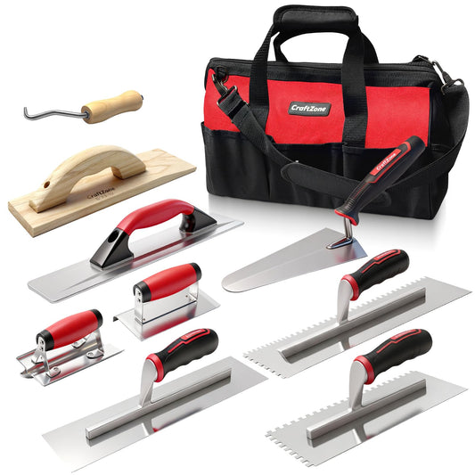 9 Pcs Masonry Hand Tool Set Concrete Trowel Set Includes Large Flat Finishing Wood Float Concrete Edger and Groover Wire Twister Margin Gauging in a Tools Bag