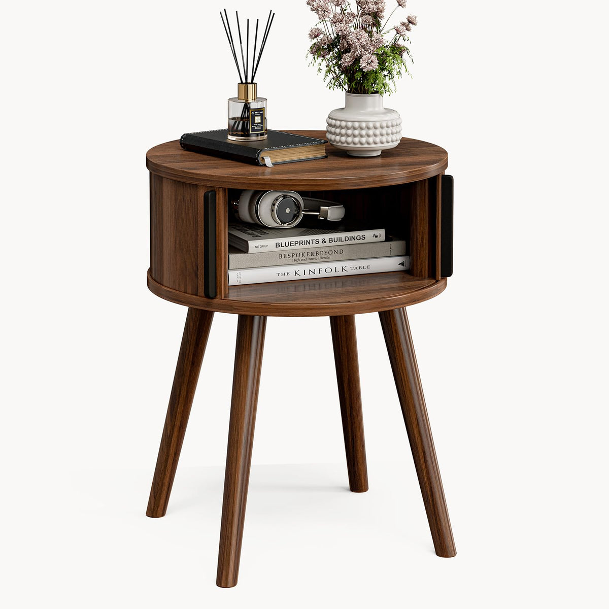 ZttRiee Round Side Table with Sliding Doors, Mid-Century End Table, Walnut