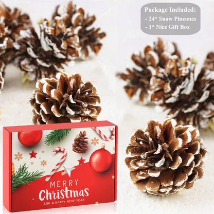 24 PCS Pine Cones for Christmas Tree Snowflake Natural Pinecones Ornament with String Pendant Crafts for Xmas Party Home Decor Fall Winter Holiday Christmas Tree Decoration (24)