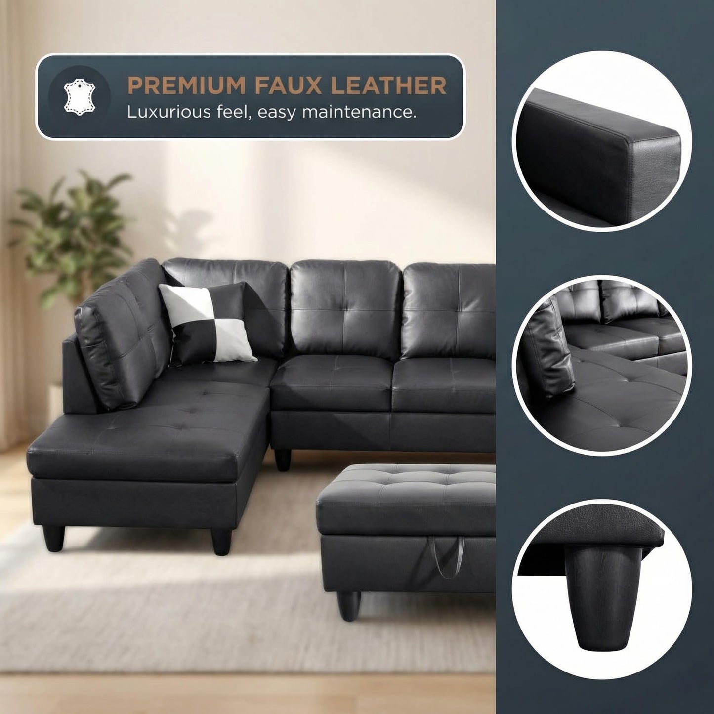 Trygoal 103.5" Modular Leather Sectional Sofa, 4-Seat L-Shaped Couch with Chaise & Storage Ottoman, 3-Piece Convertible Living Room Furniture Set for Apartment Office, Black