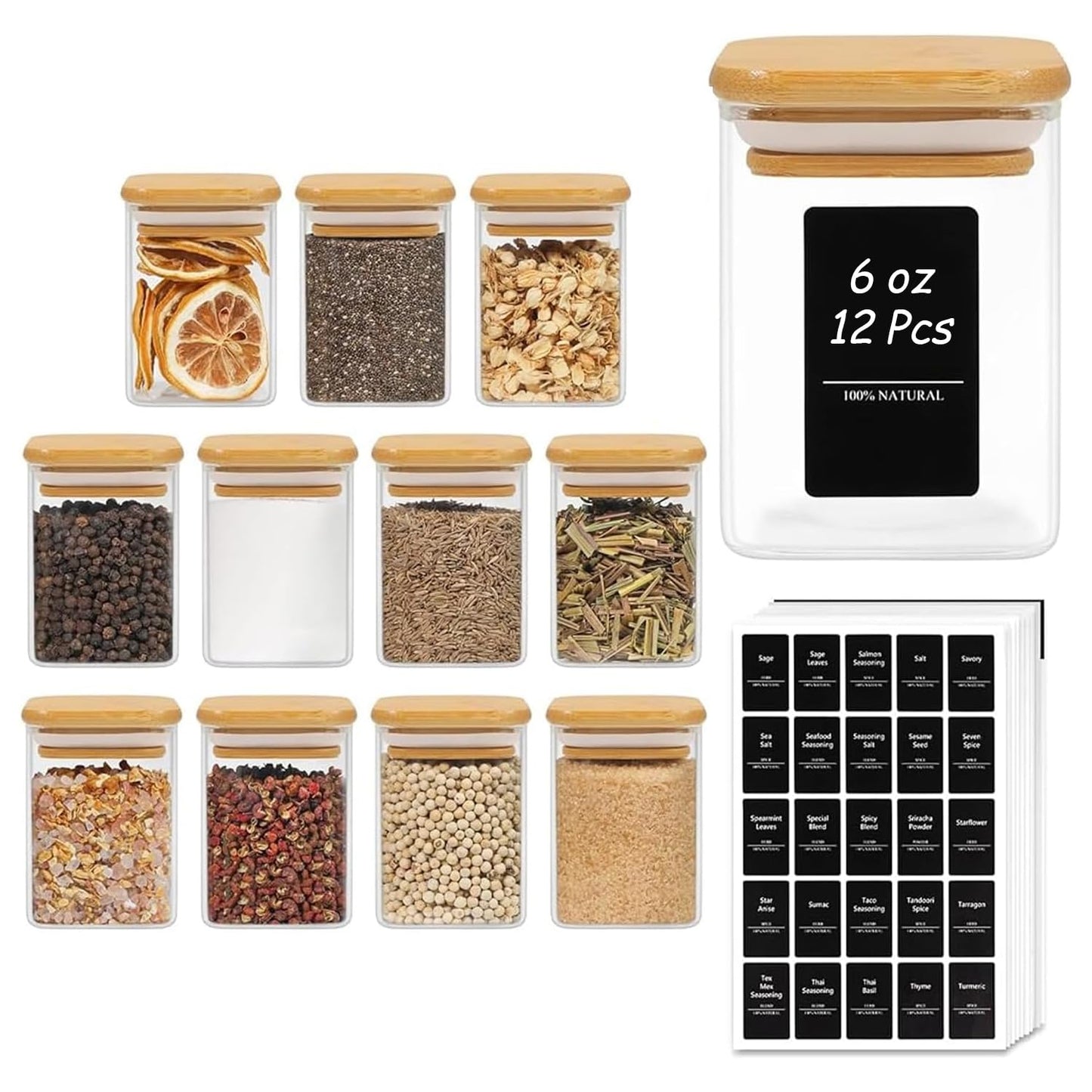 ComSaf 16Pcs Glass Spice Jars with Bamboo Lid, 4oz Airtight Square Spice Containers with 275 Black Lables, Empty Seasoning Jars for Spice Salt Sugar