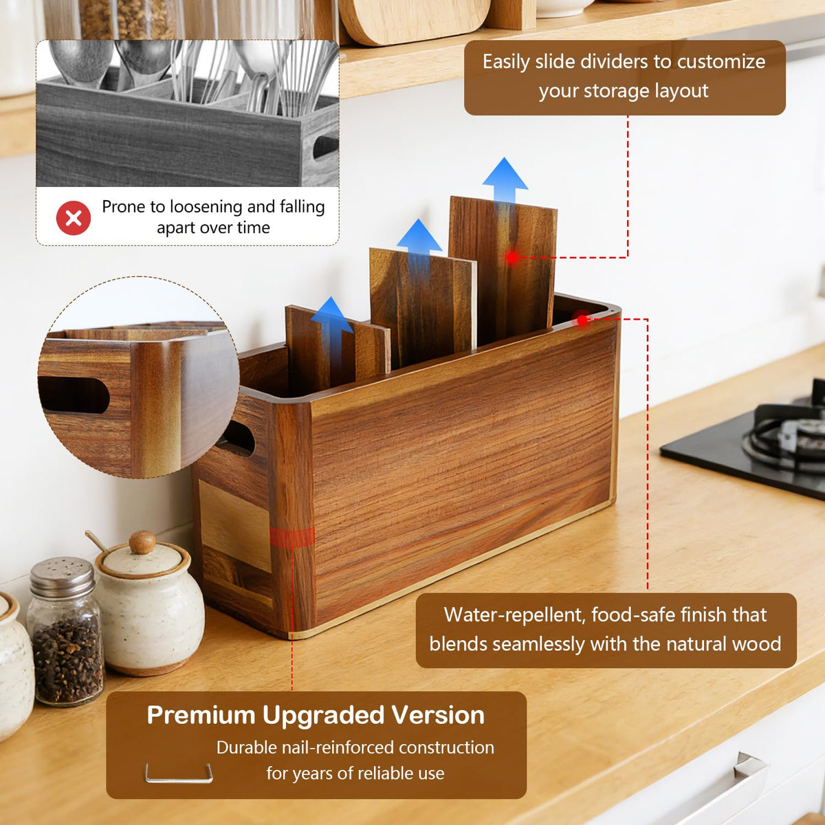 VLXXOI Large 4-Compartment Acacia Wooden Utensil Holder, Rustic Kitchen Counter Organizer, Extra Large Wood Storage Container for Cooking Utensils and Silverware