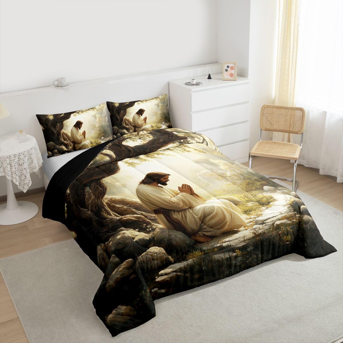 God Praying Kids Comforter Set Twin Size,Spiritual Western Bible Verse Bedding Set Boys Girls Room Decor,The Garden Of Gethsemane Quilt Comforter,Gray Yellow Duvet Set Bedroom Quilt Set,1 Pillowcase