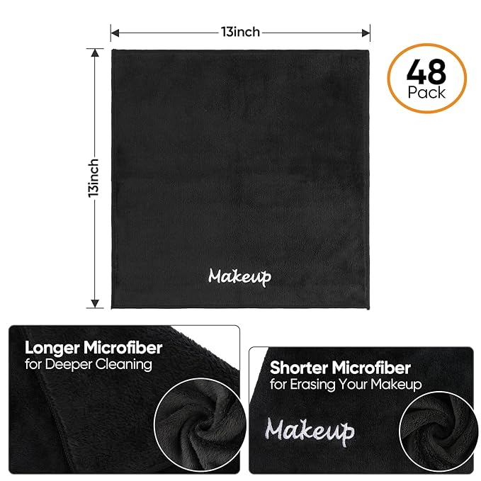 Makeup Remover Cloth, 48 Pack Black Facial Wash Cloths, Soft Coral Fleece