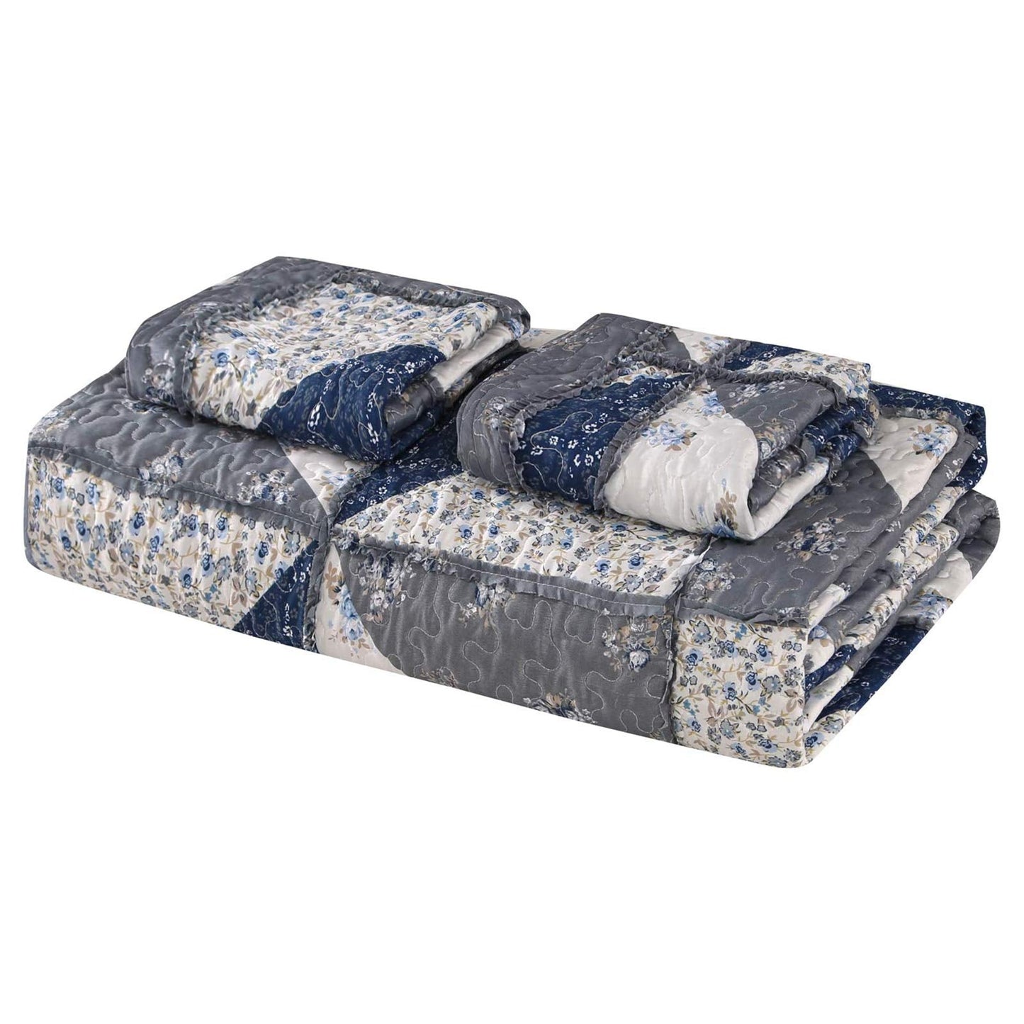 Full Queen Size Patchwork Quilt Set Grey Floral Reversible Quilted Bedspread Coverlet Set 3-Piece Lightweight Comforter Stitched Quilt Bedding Set Bed Sheet Set Cover Blanket with 2 Pillow Shams