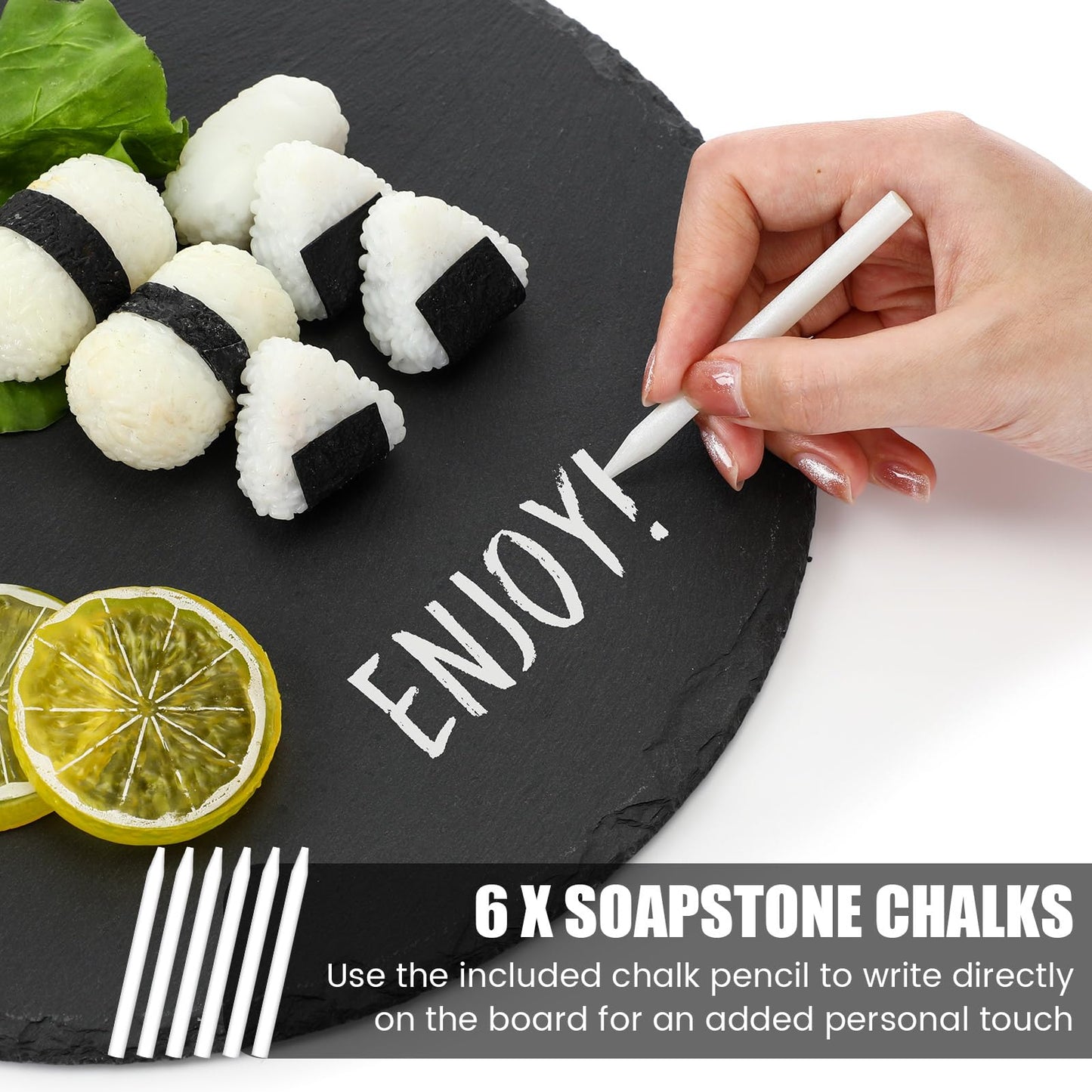 Uiifan 6 Pcs 11 Inch Round Slate Cheese Boards Round Black Stone Plates for Wedding Day Charcuterie Board Cheese Platter Serving Stone Tray Soapstone Chalk for Meats Appetizers Dried Fruit Party Gifts