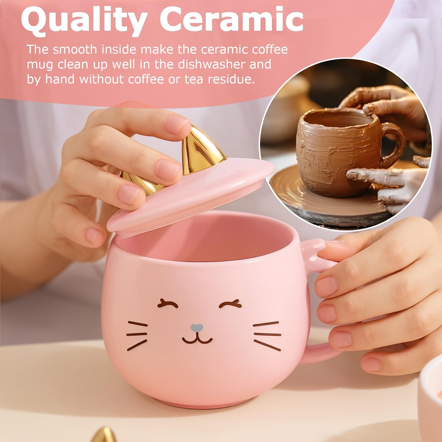 Yuwu Cat Ceramic Coffee Mug with Spoon & Lid, 13.5 oz Novelty Mug with Phone Stand Lid, Kawaii Tea Cup for Women & Cat Enthusiasts