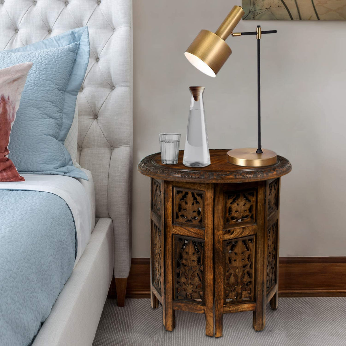 Solid Wood Accent End Table - Hand Carved Vintage Boho Folding Side Table - Small Spaces Entryway Farmhouse Living Room Bedside - No Tools Assembly -18x18 Round - Jaipur Antique Brown -Cotton Craft