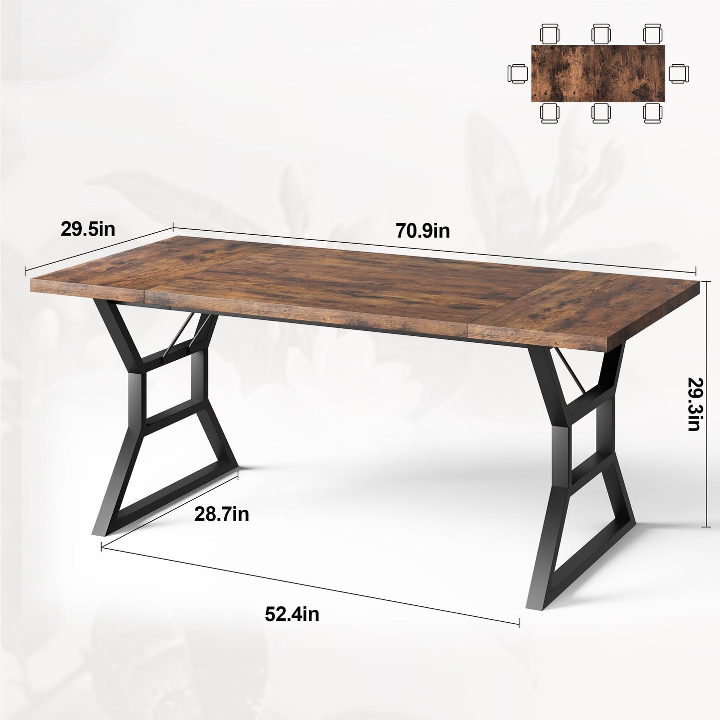 Industrial 71'' Farmhouse Dining Table for 6-8 People - Rustic Distressed Wood Kitchen Table with Black Metal Geometric Base Legs, Large Rectangular Conference Desk for Living Room, Home Office