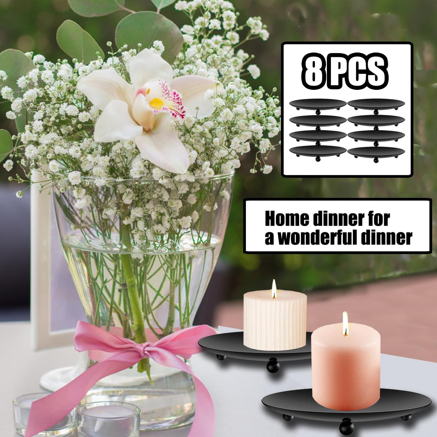 exinddea 8 PCS Iron Plate Candle Holder,Candle Stand for LED & Wax Candles,Black Candle Holders Iron Plate,4" Decorative Pillar Candle Plate for Incense Cones Spa Weddings