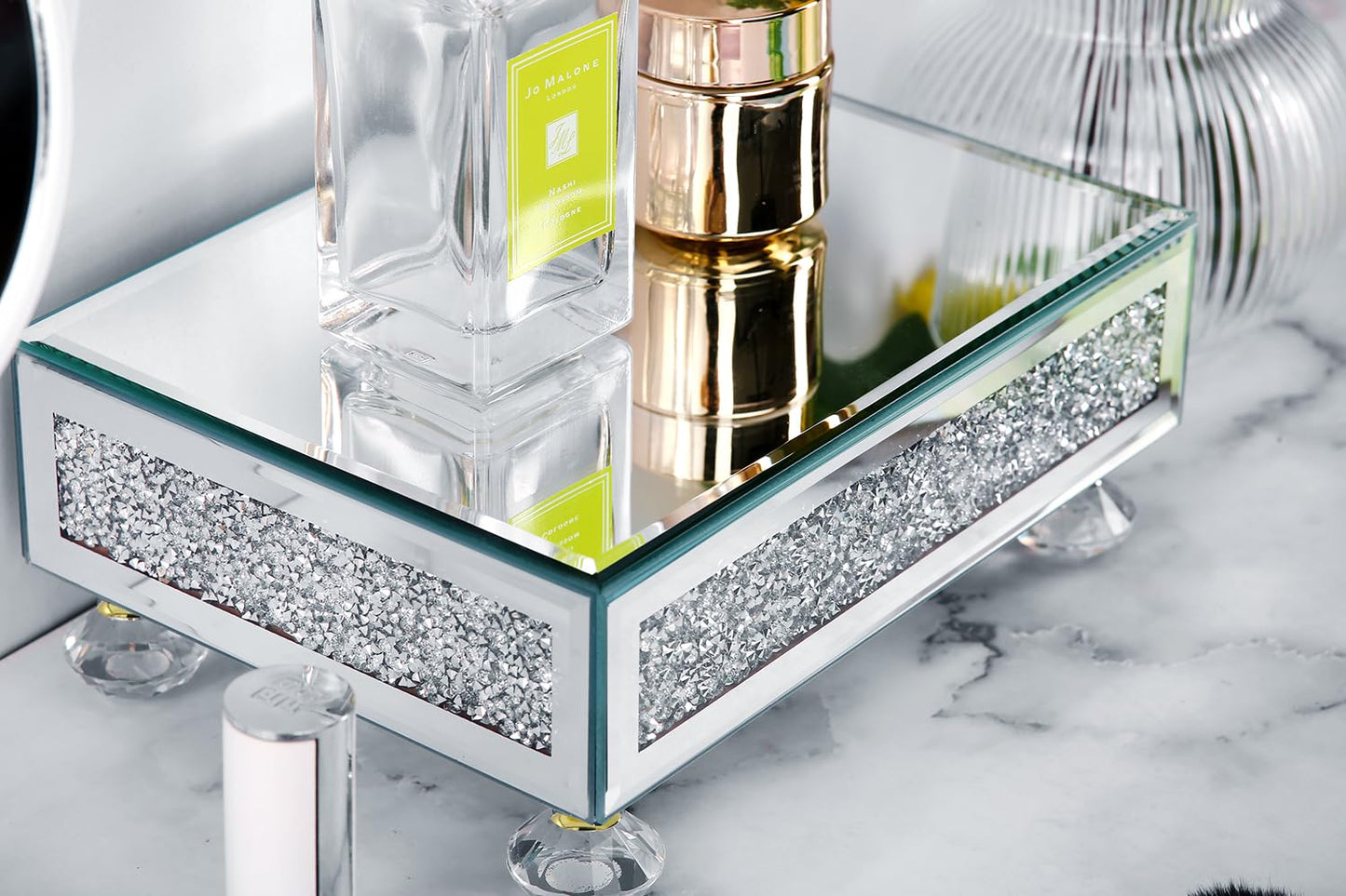 TACIDON Modern Mirrored Riser for Display : Crushed Diamond Decorative Pedestal Stand for Kitchen Counter and Home Decor , Glass Display Tray for Bathroom Soap, Sink, Vase，Perfume (Gold)