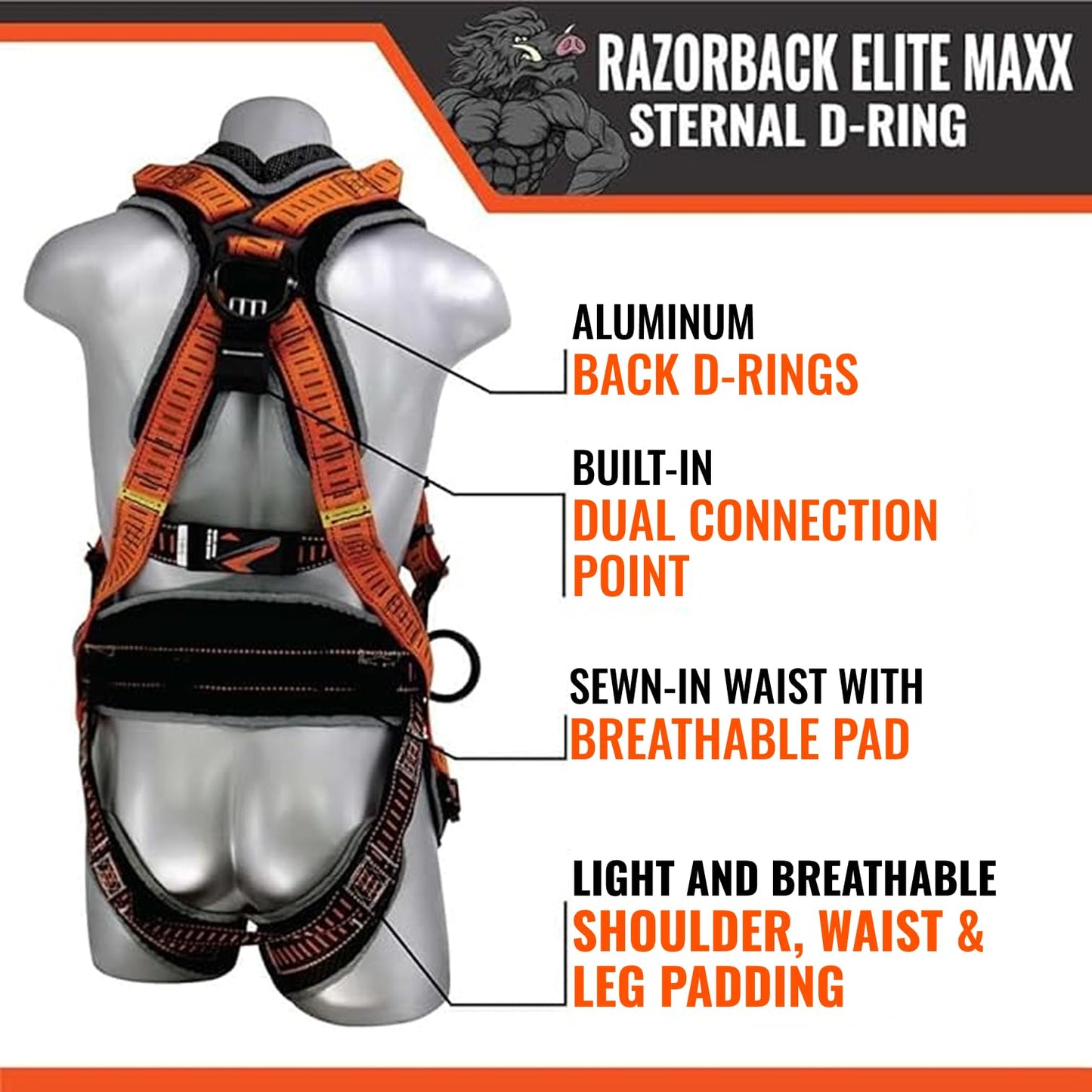 Malta Dynamics Razorback Elite MAXX - Safety Harness and Fall Protection Kit with Sewn in Lumbar Support Belt and Built-in Rescue Handles for Fall Arrest, OSHA & ANSI Compliant (Large-XLarge)