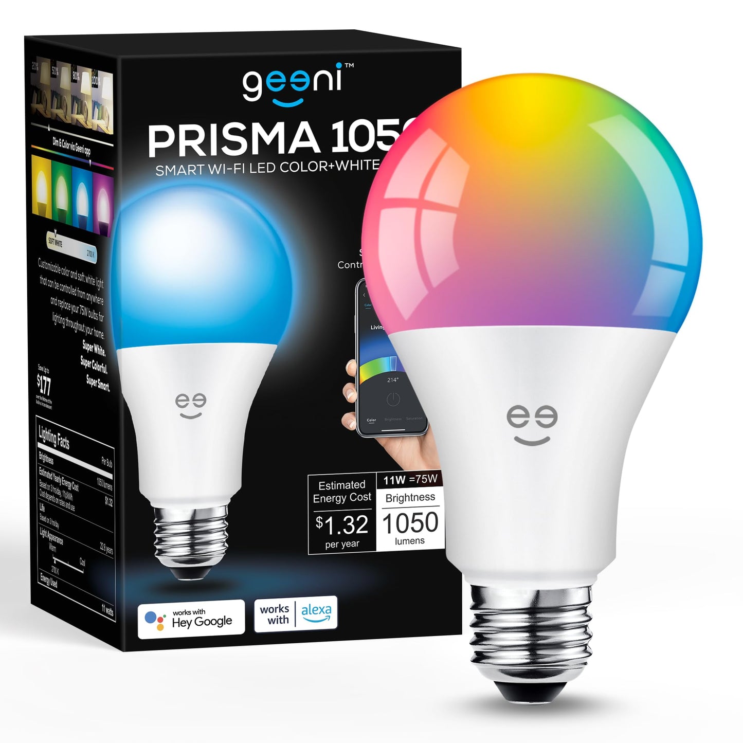 Geeni PRISMA 1050 Wi-Fi LED Light Bulb, Multicolor (2700K): Dimmable LED, A21, 75-Watt Equivalent: Works with Alexa & Google Assistant