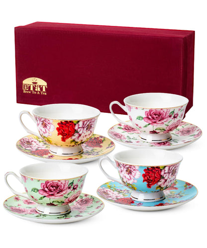 BTaT- Floral Tea Cups and Saucers Set of 4 (8 oz), Porcelain Tea Cup Sets with Gold Trim & Gift Box, Dishwasher & Freezer Safe, Mothers Day Gift