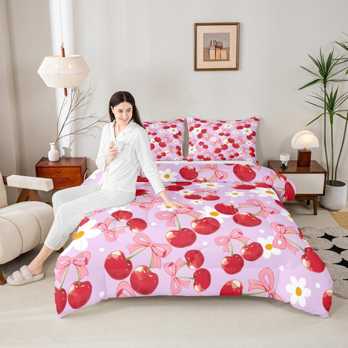 Erosebridal Red Cherry Bow Comforter Set Pink Bow Tie Full Size Bedding Sets | Daisy Flowers Rustic Comforter Dreamy Princess Style Ribbon Bowknot Bed Set,Purple