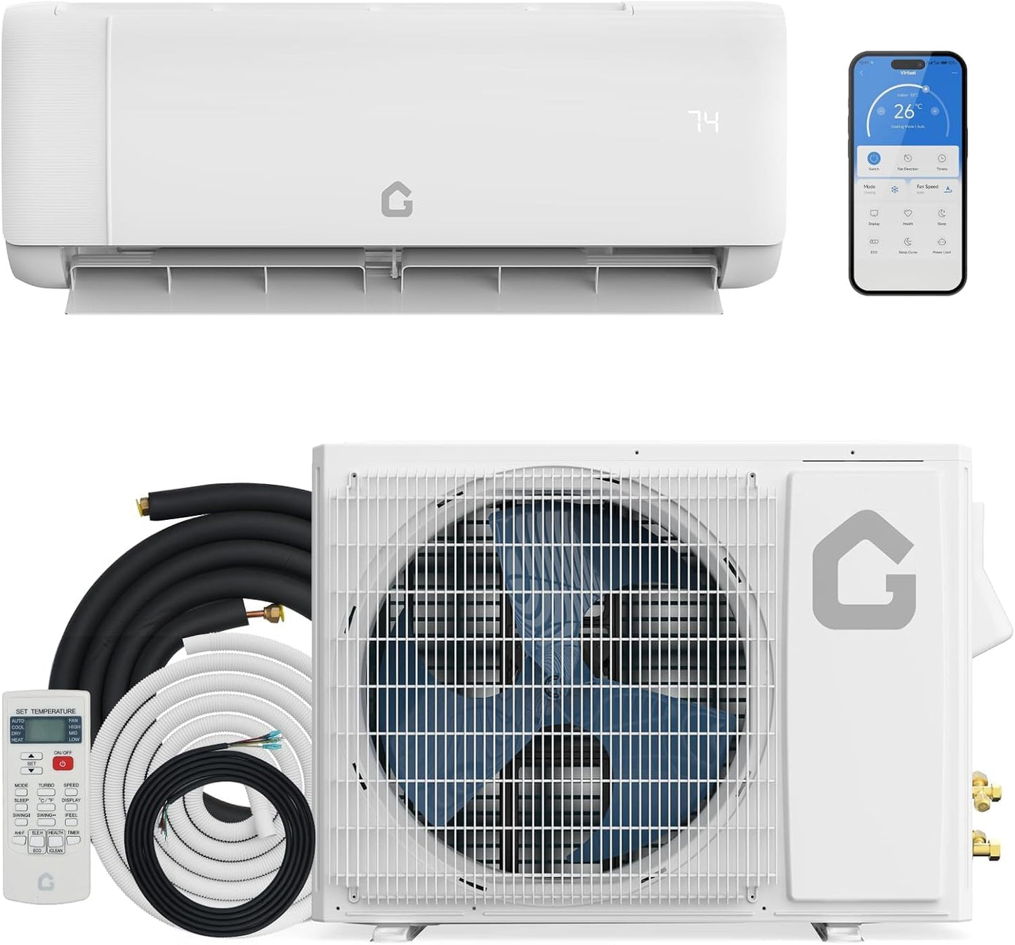 24000 BTU Mini Split Air Conditioner Heat Pump System,SEER2 21 Ductless Inverter AC Unit System with WiFi, Compatible with Alexa,Remote Control & Installation Kit, Cools Up to 1500 Sq.Ft, 208-230v