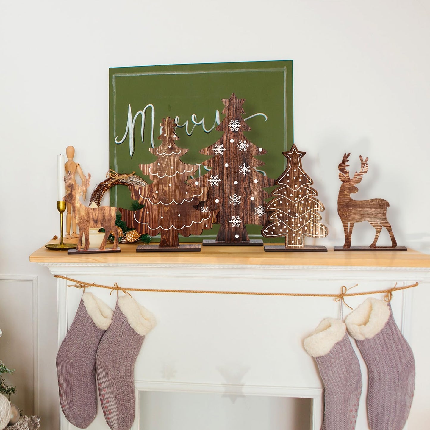 Barydat 8 Pcs Christmas Table Decorations Wooden Christmas Pine Tree Reindeer Table Centerpiece Xmas Winter Tabletop Signs Rustic Farmhouse Decor for Home Office Desk Party Favors (Rustic)