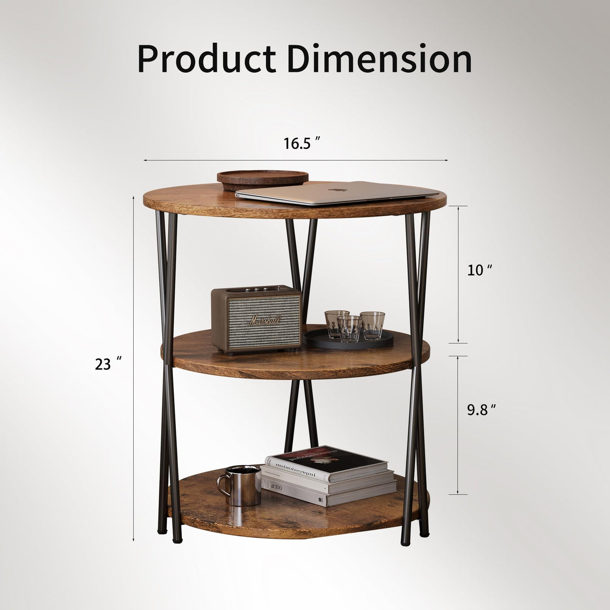 Lumbershed 23 Inch Round Side Table 3-Tier End Table Living Room Small Patio Table Nightstands Round Coffee Table Spacious Top for Couch Bedroom 3 Storage Shelves Accent Coffee Table, Rustic Brown