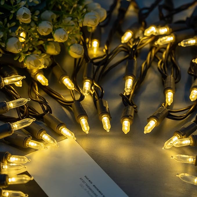 YULETIME 200 Warm White LED Christmas Lights, 66 Feet Brown Wire UL Certified Commercial Grade Holiday String Light Set
