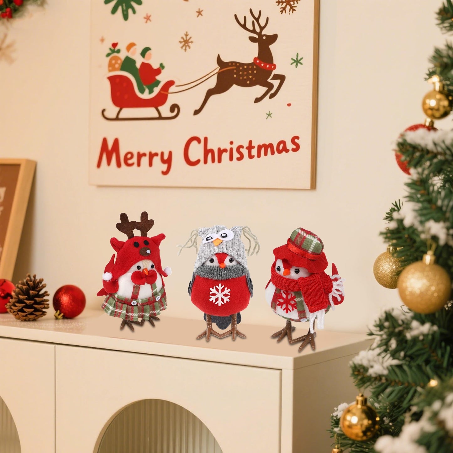 Cllayees 3 Pack 6 Inch Christmas Table Decorations - Small Bird Figurines, Red Cute Xmas Ornaments for Table Top, Desktop, Mantel, Kitchen Decor, Holiday, Winter Party Gifts