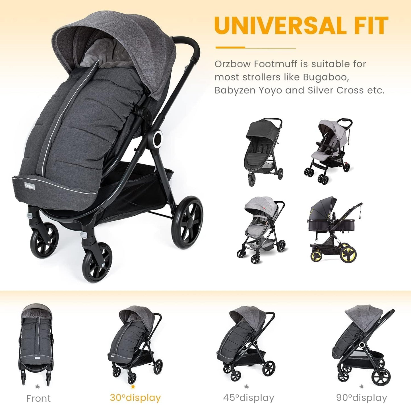 Orzbow Footmuff for Pushchair Universal, Large Pushchair & Pram Footmuffs with Drawstring, Waterproof Cosy Toes for Buggy with Warm Fleece, Anti-Slip Back, Reflective Strip, Easy Access, Dark Grey