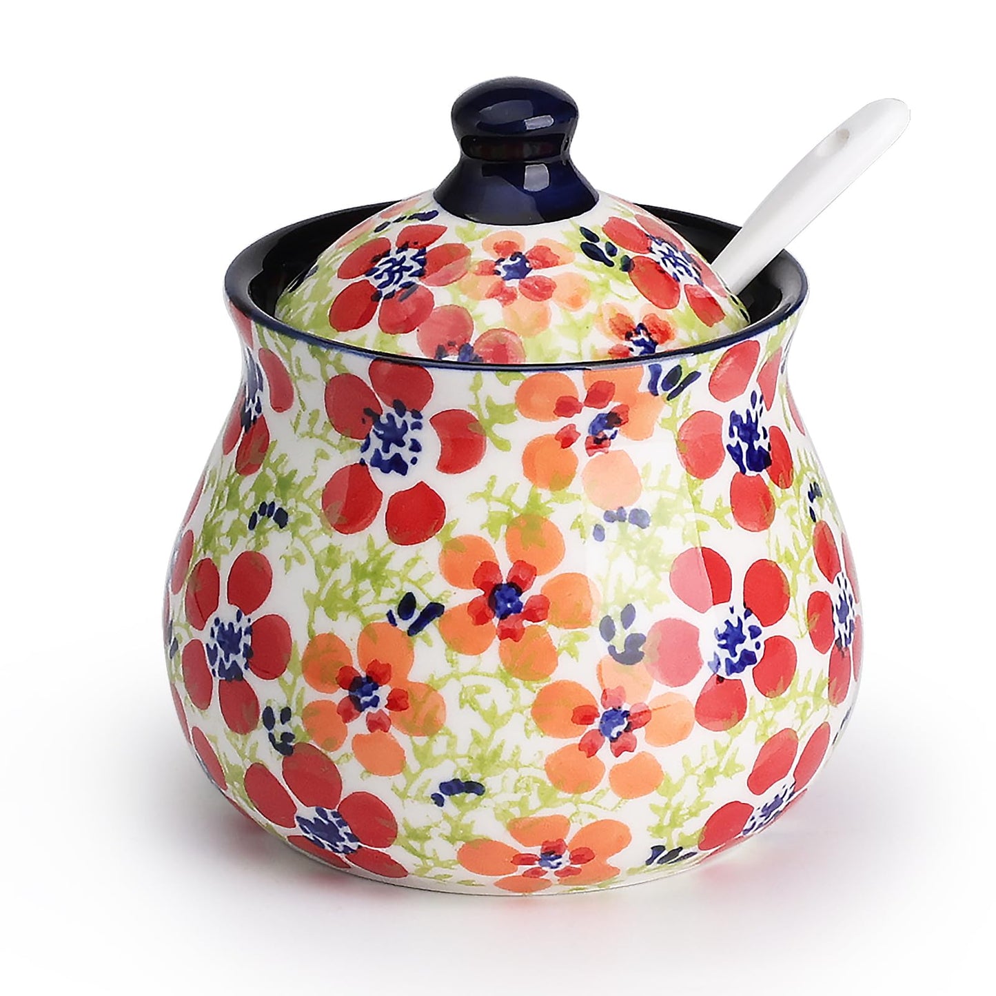 silesia Handmade Sugar Bowl with Lid and Spoon, 9 Ounce Ceramic Hand-Painted Sugar Jar for Home in Gift Box, Kitchen Decor, Oven, Dishwasher & Microwave Safe, Jungle Floral