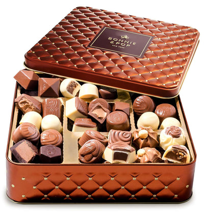 Chocolate Gift Basket– Holiday Candy Gift Box with Assorted Milk, Dark & White Chocolate Truffles – Food Present Idea for Valentines Day, Men, Women, Corporate, Get Well, Sympathy, Birthday- Bonnie & Pop