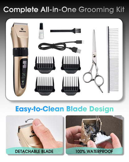 M&M STAR Dog Grooming Kit, Low Noise Dog Clippers, 2-Speed IPX7 Waterproof, Rechargeable Cordless Pet Hair Clippers Trimmer Shaver with LED Display for Small Large Dogs Cats, Gold
