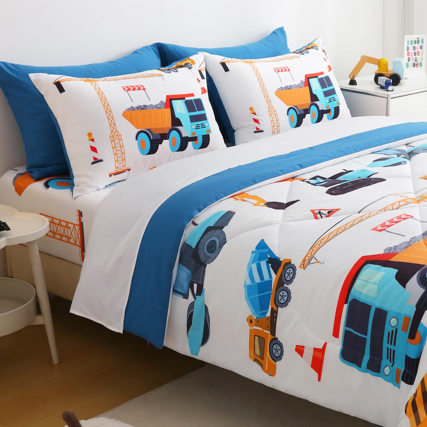 Jameswish 7 Pieces Boys Comforter Set Twin Size Excavator Bedding Set Cartoon Car Kids Bed in a Bag Construction Truck Bedding for Children Kids Boys Teens for Birthday Choice