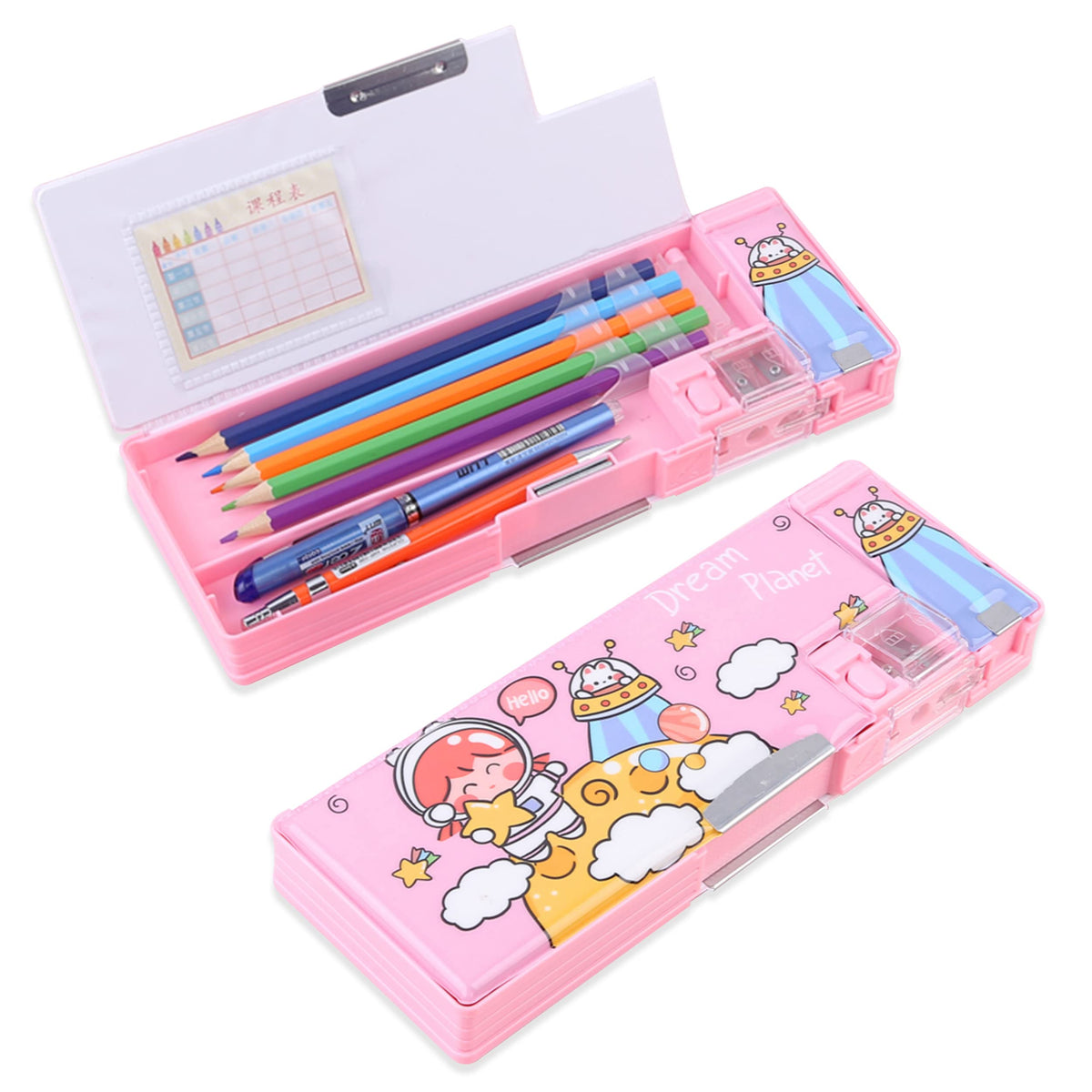 LilyBeauty Pop Up Multifunction Pencil Case for Girls and Boys, Cute Cartoon Pen Box Organizer Stationery with Sharpener, Schedule, School Supplies, Best Birthday Gifts for Kids【Pink-Dream Planet】