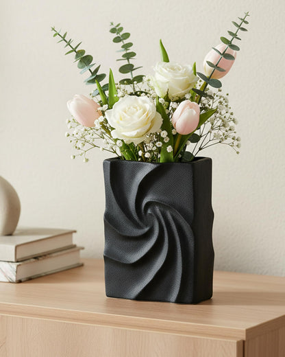 Small Black Vases Home Decor, Organic Square Whirlpool Shape, Aesthetic Small Flower Vase Living Room, Bedroom, Bathroom, Shelf & Table Decor, Boho Room Decor for Women OOSTONEE