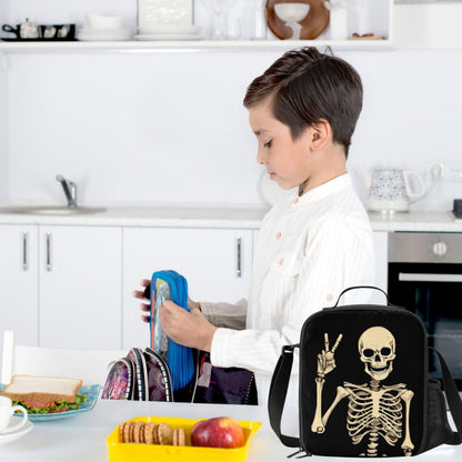 PrelerDIY Funny Skull Lunch Bag Tote Lunch Box Food Bag for Boys Girls with Zipper & Side Pocket & Shoulder Strap