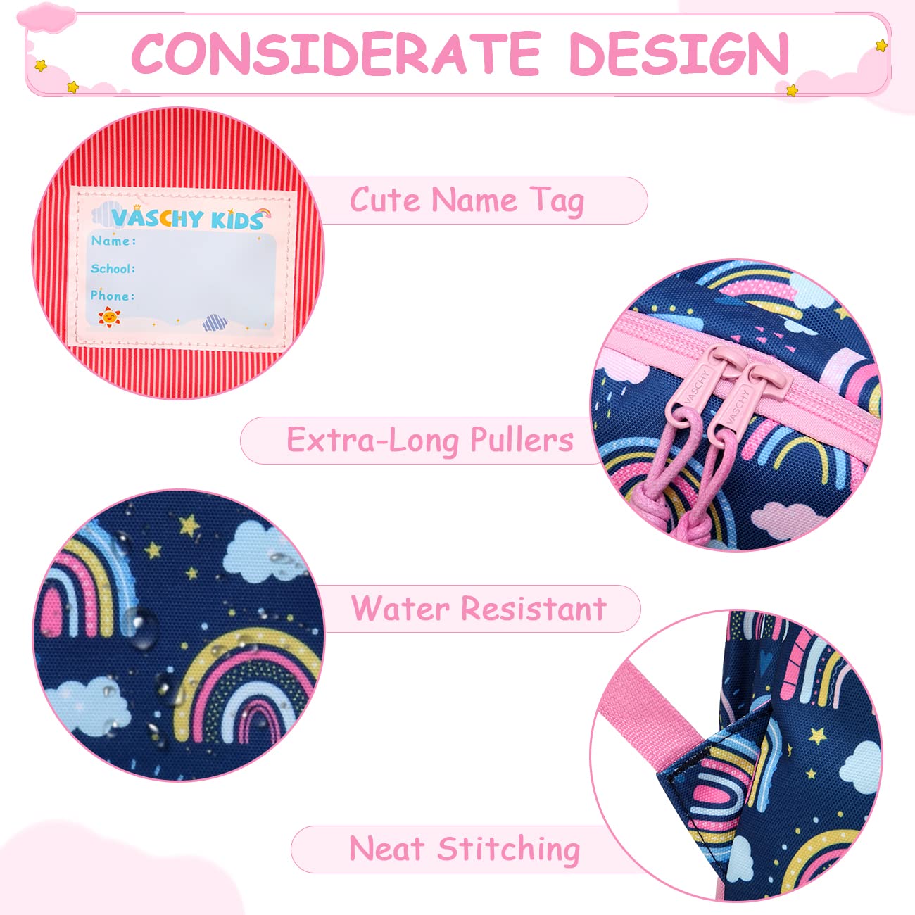 VASCHY Kids Backpack for Girls,Cute Animal Pattern School Bag Daily Children's Rucksack Backpack for School Kindergarten Nursery with Chest Strap And Bottle Pockets(Blue Rainbow)