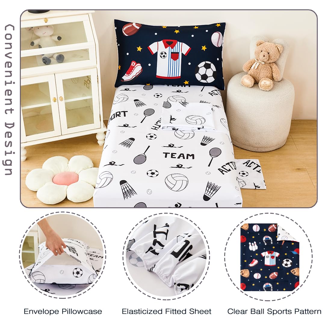 PERFEMET 4 Pieces Sports Toddler Bedding Sets for Boys Reversible Baseball Football Toddler Bed Set with Sheets Soft Fluffy Navy Blue Sport Kids Bed in a Bag for Bedroom(Sport, Toddler)