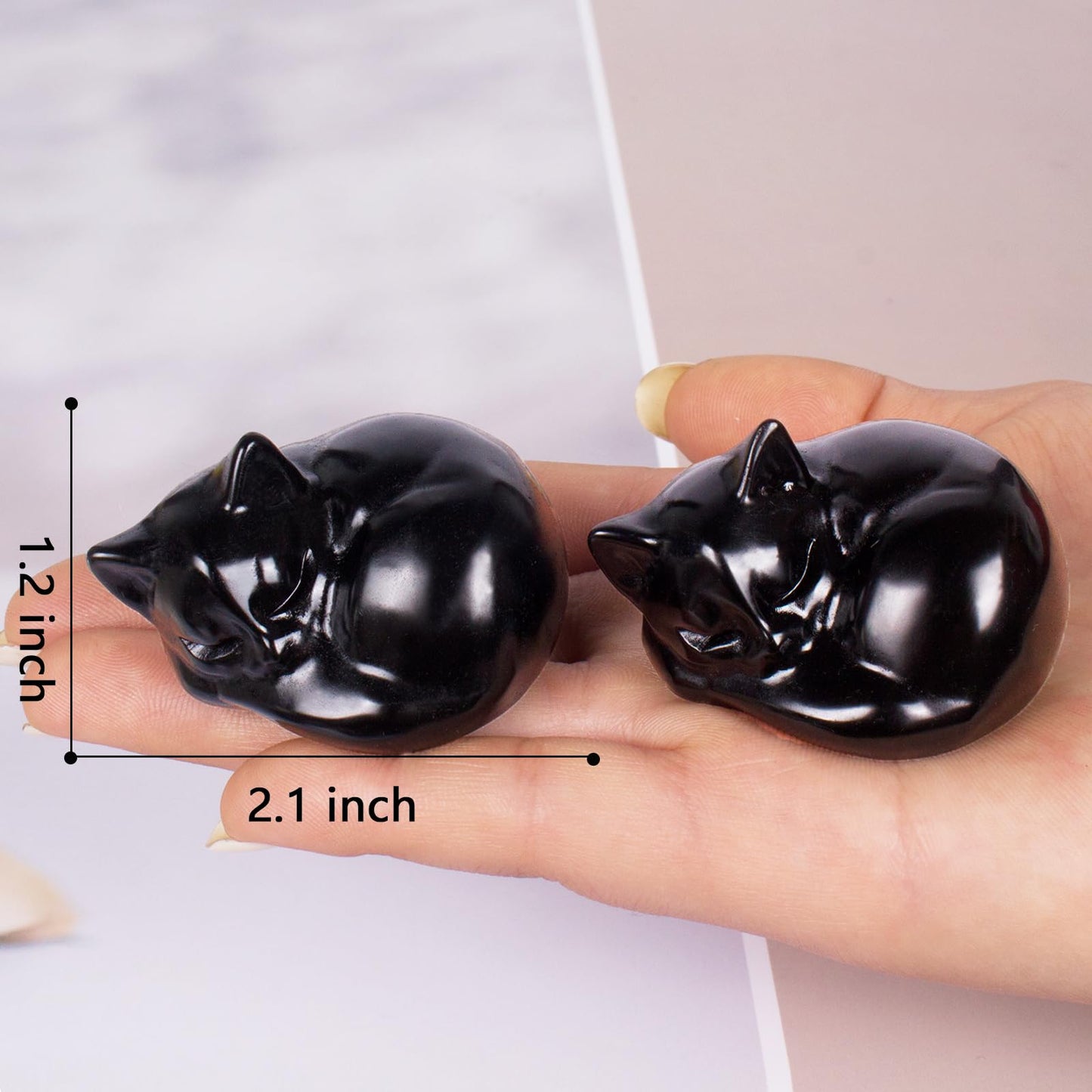 Hguxmcu Crystal Black Cat Figurine Decor, 2.1 Inch Obsidian Sleeping Cat Sculpture, Hand Carved Natural Reiki Healing Crystal Animal Statue for Home Office Desk Decor Accessories, Gift for Cat Lovers