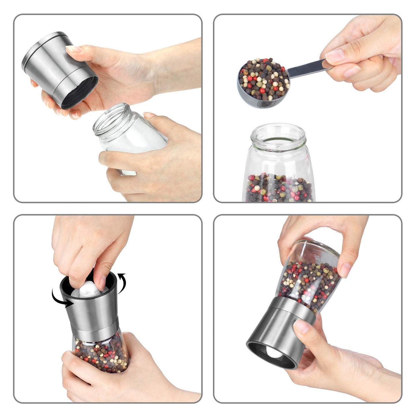 VEVOK CHEF Salt and Pepper Grinder Set Stainless Steel Adjustable Coarseness Ceramic Pepper Mill Salt Crusher with Silicone Tray Salt and Pepper Shaker Spice Grinder Kitchen