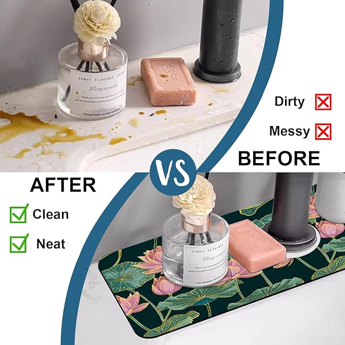 Lotus Pond Pattern Sink Splash Guard Faucet Mat Lotus Flowers Leaves Super