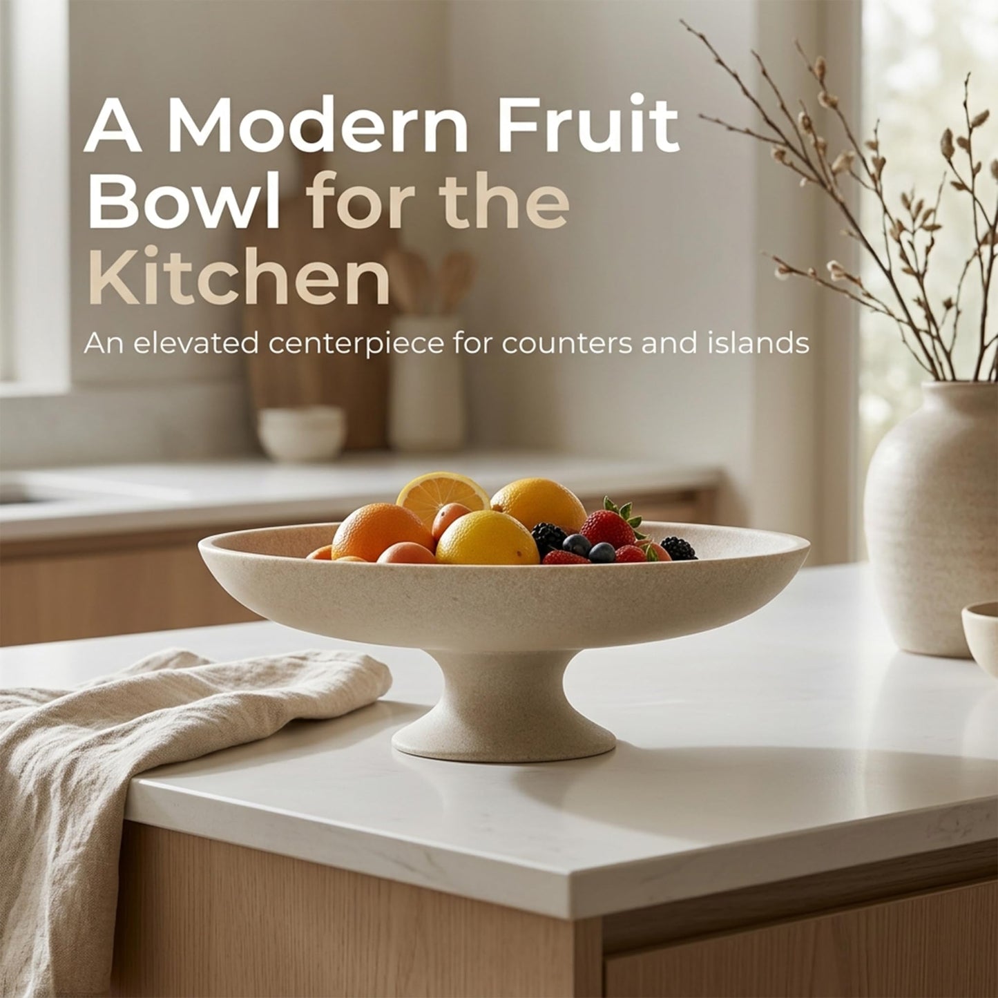 HFWDGTAO Beige Decorative Fruit Bowl, 11.45" Large Modern Pedestal Bowl for Kitchen Counter, Coffee Table, Entryway Table, Centerpiece Catch All Key Bowl